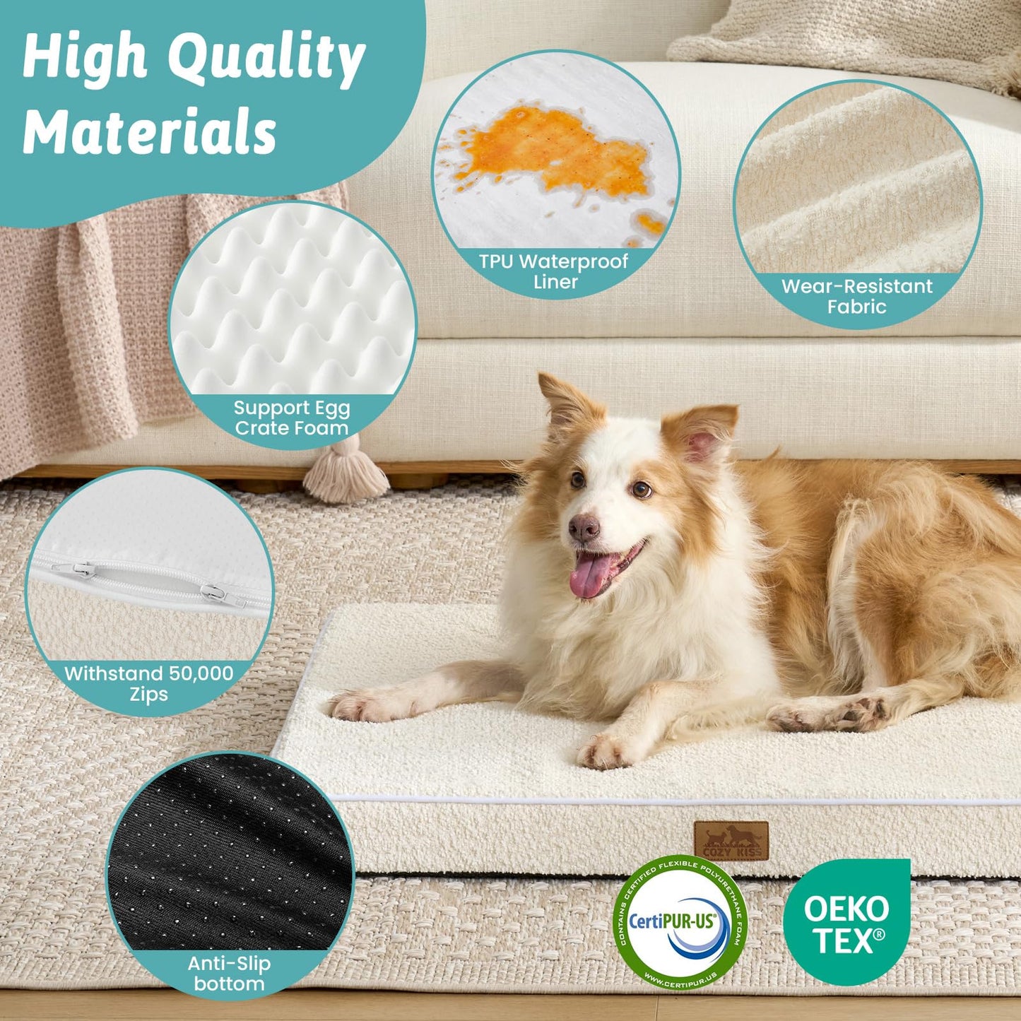 COZY KISS Big Dog Bed for Giant Dogs, Rectangular XXL Orthopedic Dog Beds Extra Large, Foam Anti-Slip Bottom Pet Mat with Washable Removable Cover, Suitable for Pet Up to 150 lbs, 54x44x4 inch, Beige