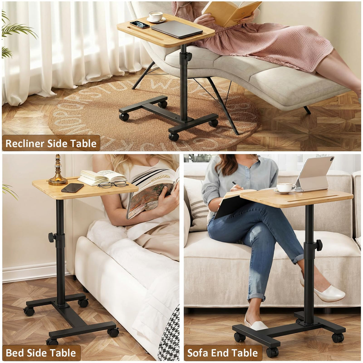 C Shaped TV Tray Table, 360° Swivel Adjustable Height Sofa Side Stand End for Couch, Living Room, Small Mesa para Laptop with Phone Slot, for Bedside, Recliner, Eating, Bamboo-Wood, with Wheels