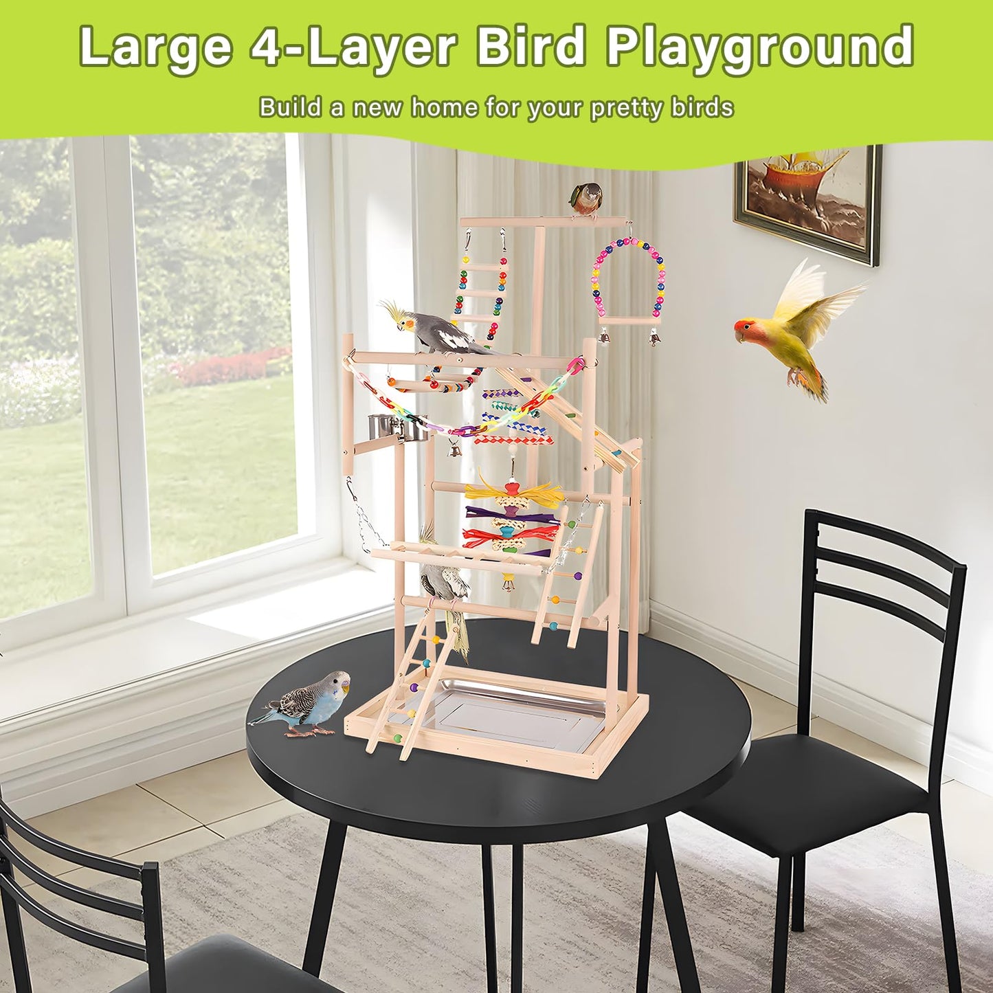 ASDJAKZP Bird Playground, Bird Stand, Pet Bird Parrot Playground, 4 Layers Pet Parrot Playstand with Exercise Toys Swings Feeder Cups, Bird Play Stand Wood Perch Gym Playpen Ladder for Cockatiel Parakeet