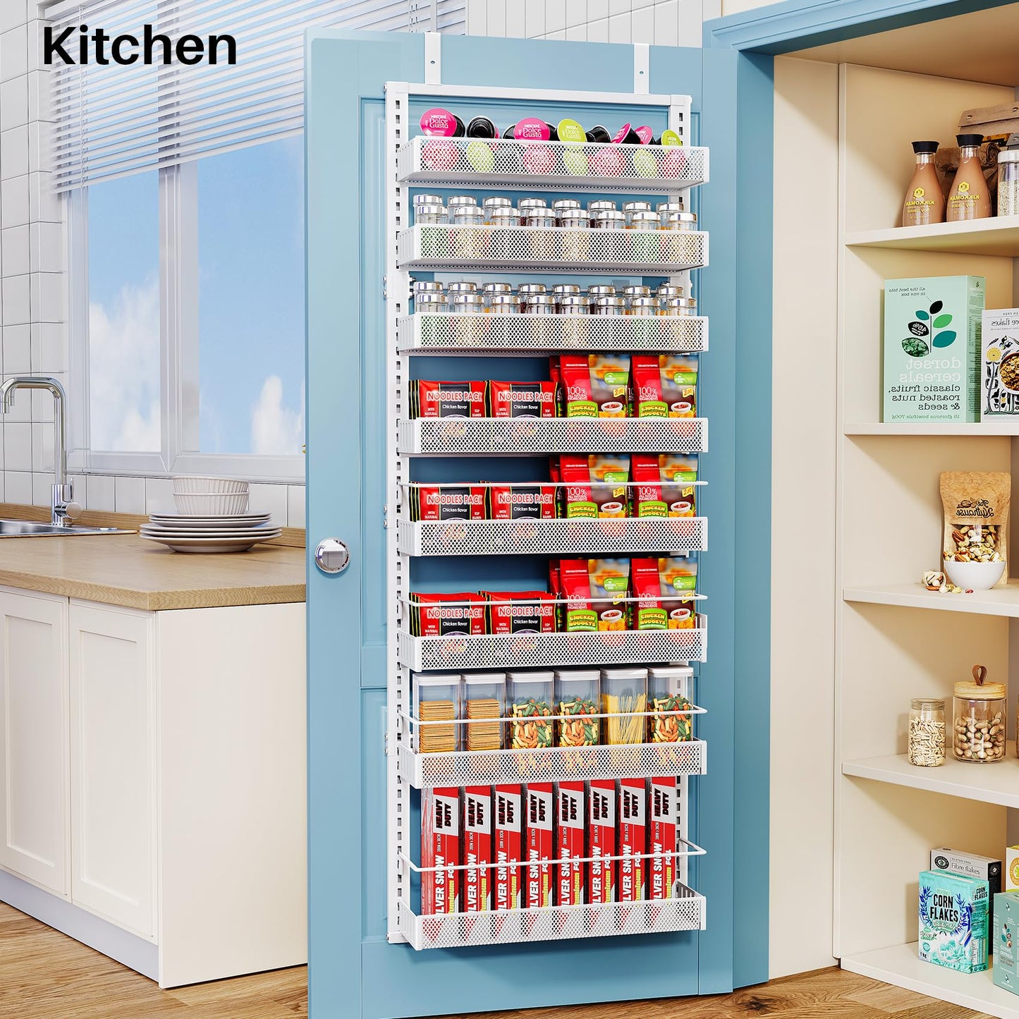 SNTD 8 Tiers Over the Door Organizer - Height Adjustable Pantry Organizers and Storage with Dense Mesh Baskets, Anti-Swing Hanging Door Spice Rack for Kitchen Bathroom (White, 17" W x 6" D x 69" H)