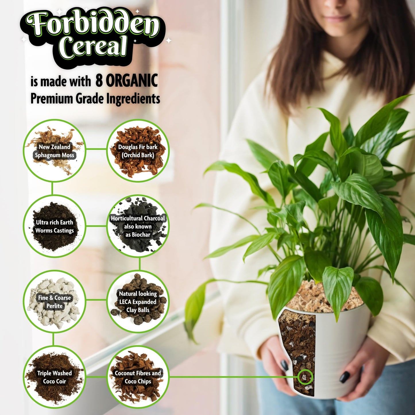 Forbidden Cereal Soilless Houseplant Potting Mix - Chunky Soil for Aroid Tropical Plants & Flowers - 8 Ingredients, No More Overwatering, Versatile Moisture Retention, Peat Free & Organic - 7.1L Bag