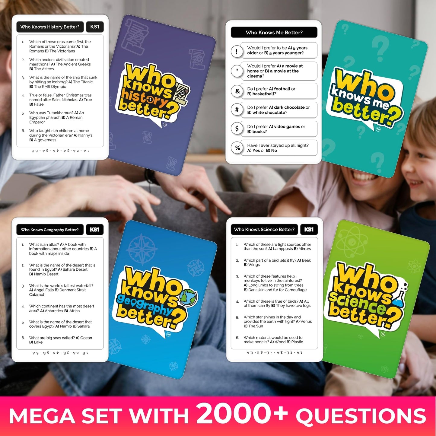 Family Board Games for Kids 8-12 — Set 4 in 1 Family Games for Kids and Adults — Who Knows It Better — 2000+ Questions for Ages 5+ — Teens Fun and Educational Card Quiz Gift for Travel and Party