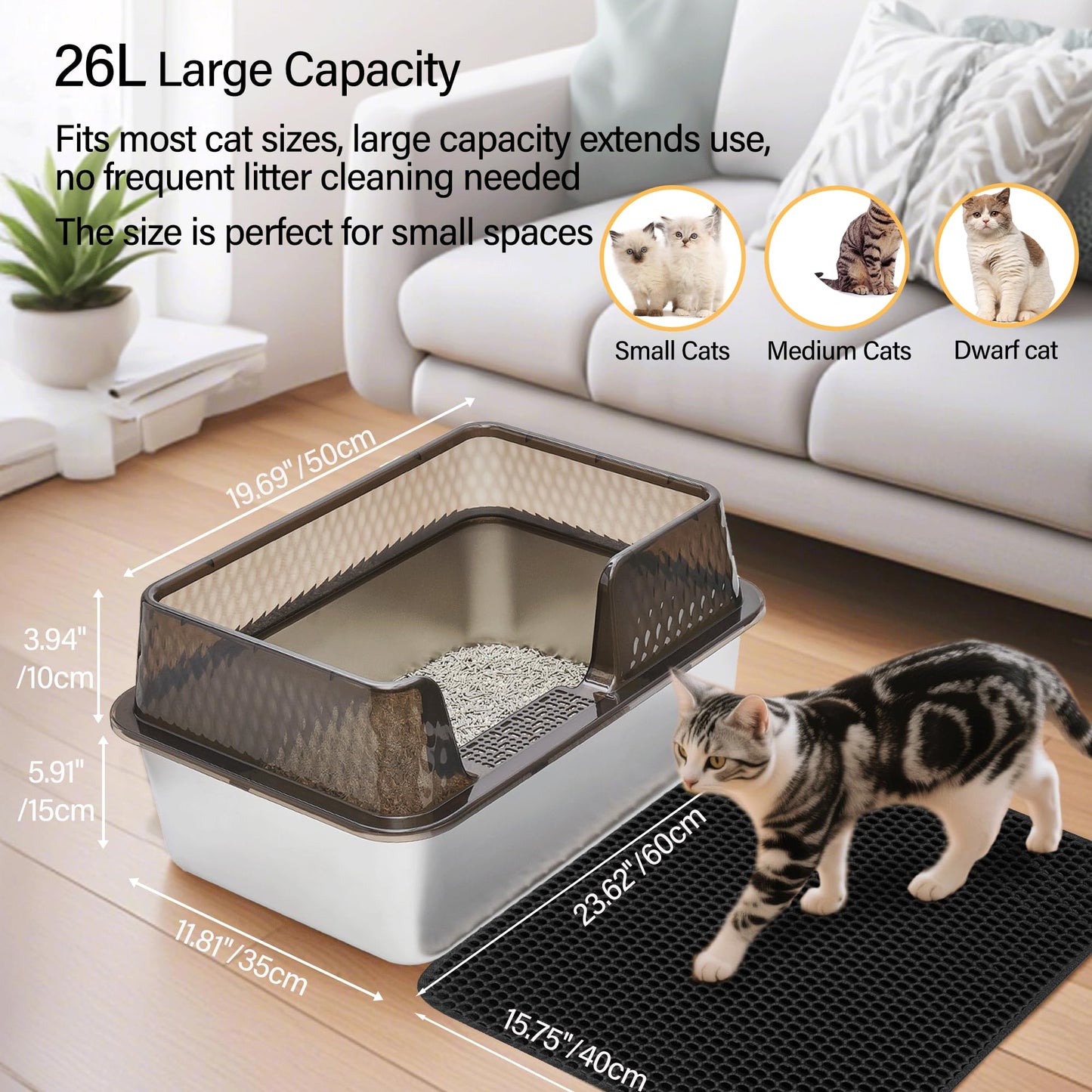 Kittenhood Enclosed High Sided Stainless Steel Litter Box with Lid Scoop and Pads for Cats, 50cm* 35cm* 25.5cm Transparent Black Easy Clean Metal Kitty Litter Box
