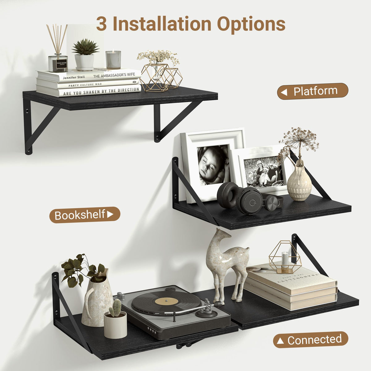 Heimlove 12 Inch Deep Black Floating Shelves，Wood Wall Shelves 16" W x 12" D Set of 2,Wall Mounted Shelves for Living Room, Bedroom, Kitchen, Bathroom,Closet and Decor Storage，Black Bracket