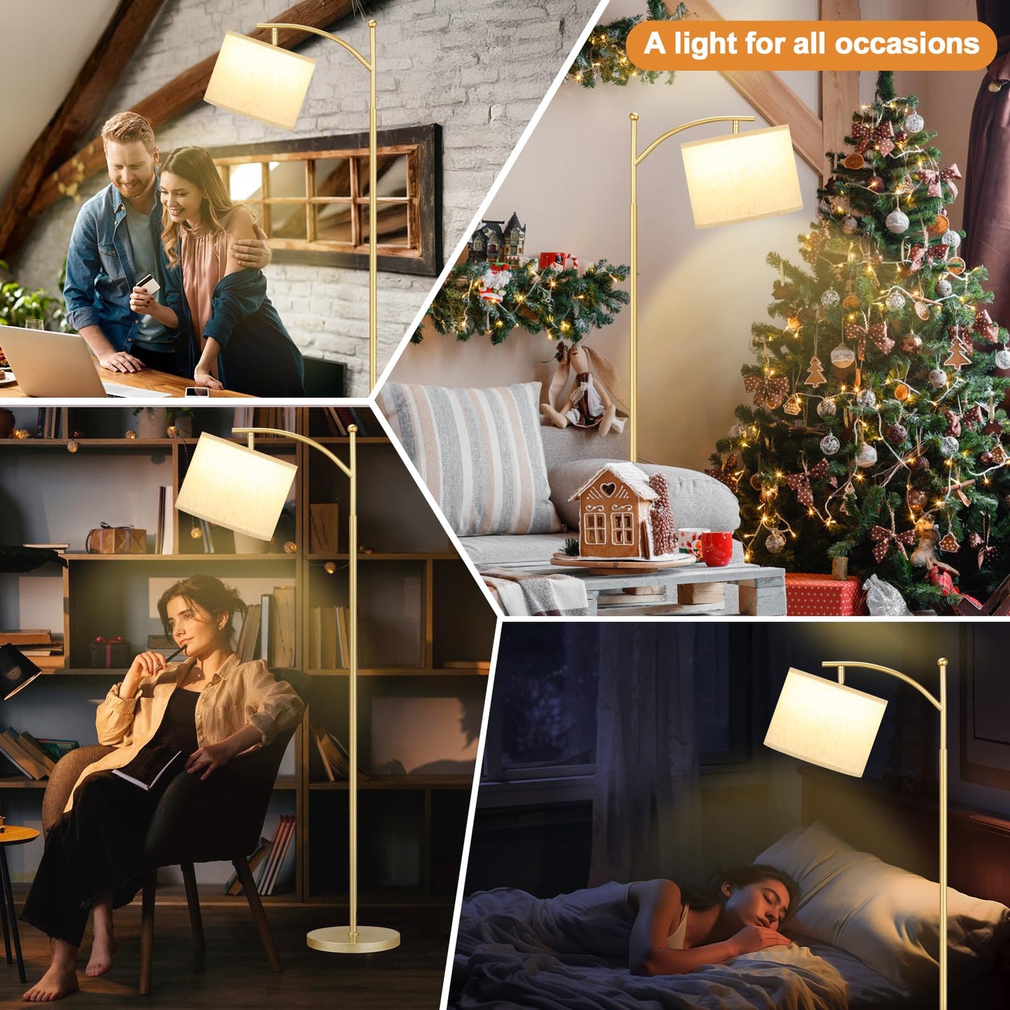 Ambimall 60" Floor Lamp with 3 Color Temperatures LED Bulb, Rotating Lamp Head, Foot Switch, Easy to Install, 9W Bulb Included, Modern Floor Lamp for Living Room, Bedroom, Study Room, Nursery (Gold)