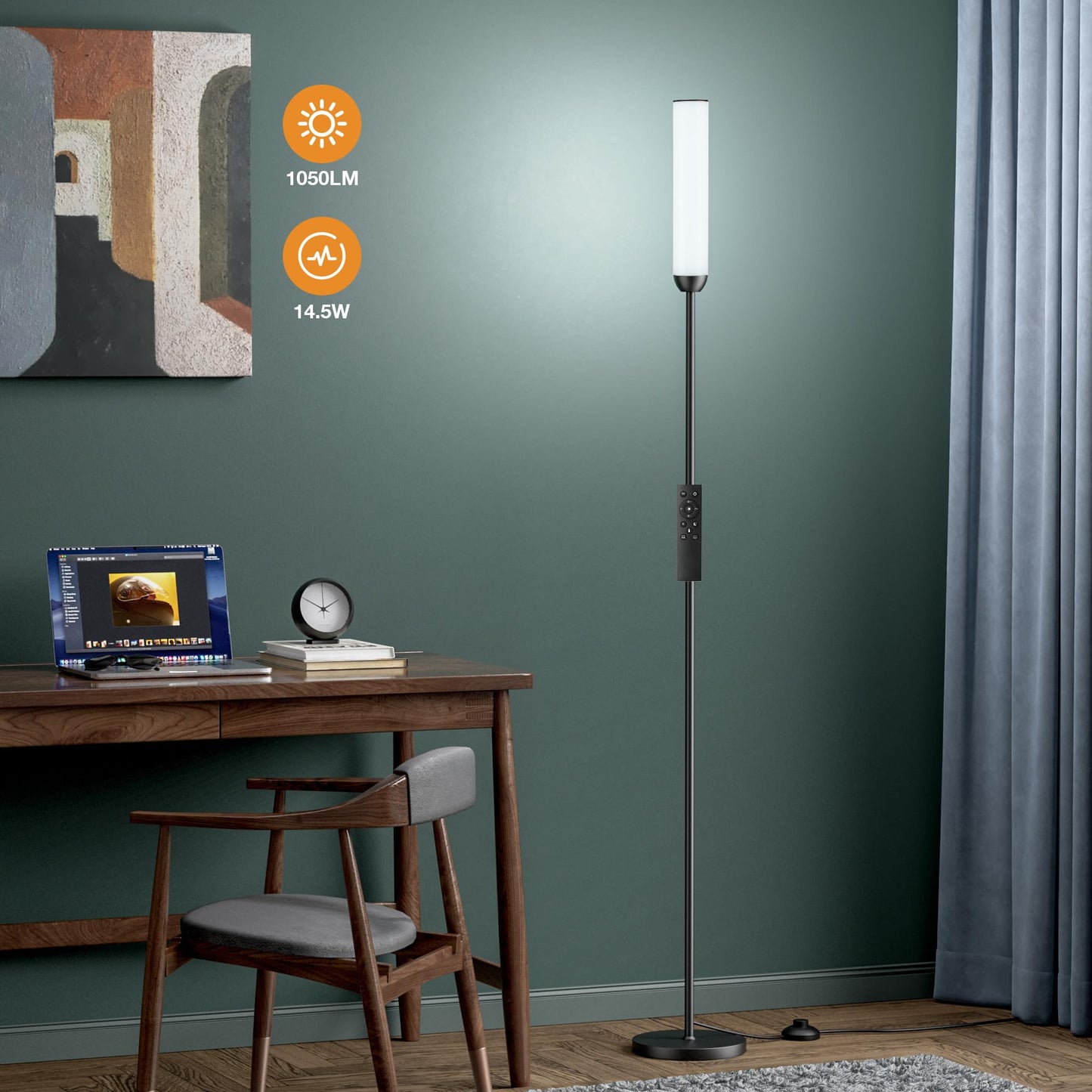 LED Floor Lamp with Remote Control, 65" Standing Lamp with Stepless Adjustable 3000K-6500K Colors & 5%-100% Brightness, Foot Switch(Black)
