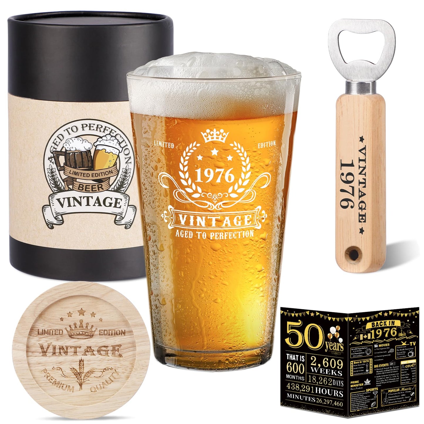 50th Birthday Gifts for Men, Vintage 1976 Beer Glass, Wooden Bottle Opener, Vintage Beer Box, Wooden Coaster, 1976 Greeting Card and Poster Anniversary Card 50th Birthday Gift Ideas for Him,Men