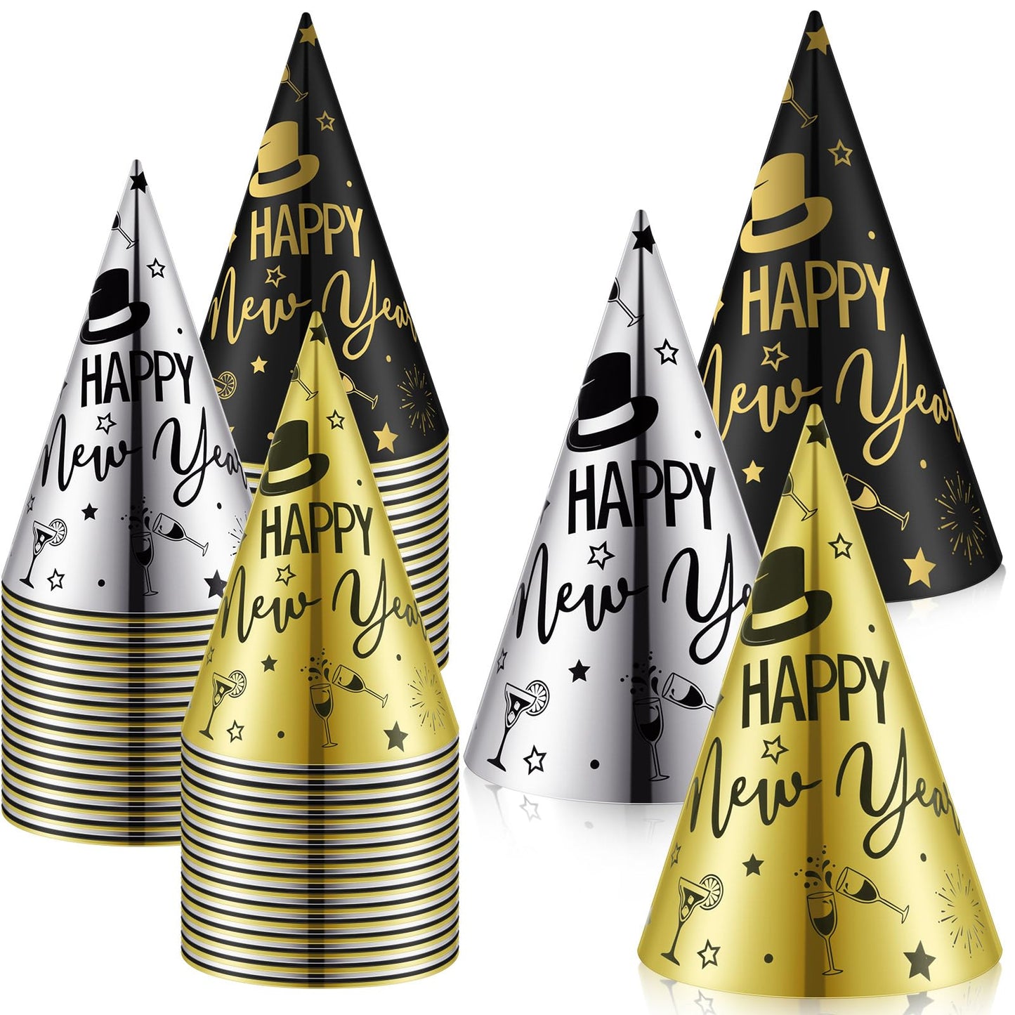 100 Pcs Happy New Year Party Supplies New Years Eve Hats Bulk Black Silver Gold Cone Hats for Adults Photo Props Supplies