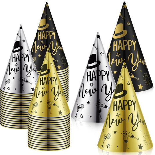 100 Pcs Happy New Year Party Supplies New Years Eve Hats Bulk Black Silver Gold Cone Hats for Adults Photo Props Supplies