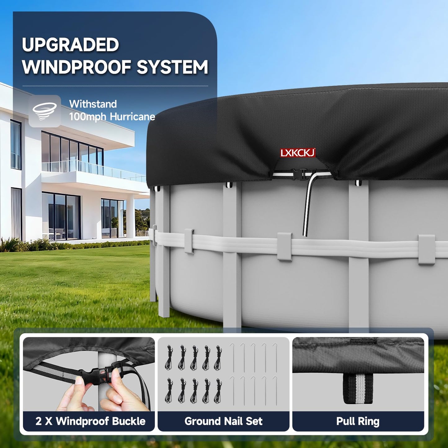 LXKCKJ 15 Ft Round Pool Covers for Above Ground Pools,Upgrade Solar Pool Cover Protector with Pool Accessories Increase Stability, Hot Tub Stock Tank Cover Ideal for Waterproof and Dustproof (Black)