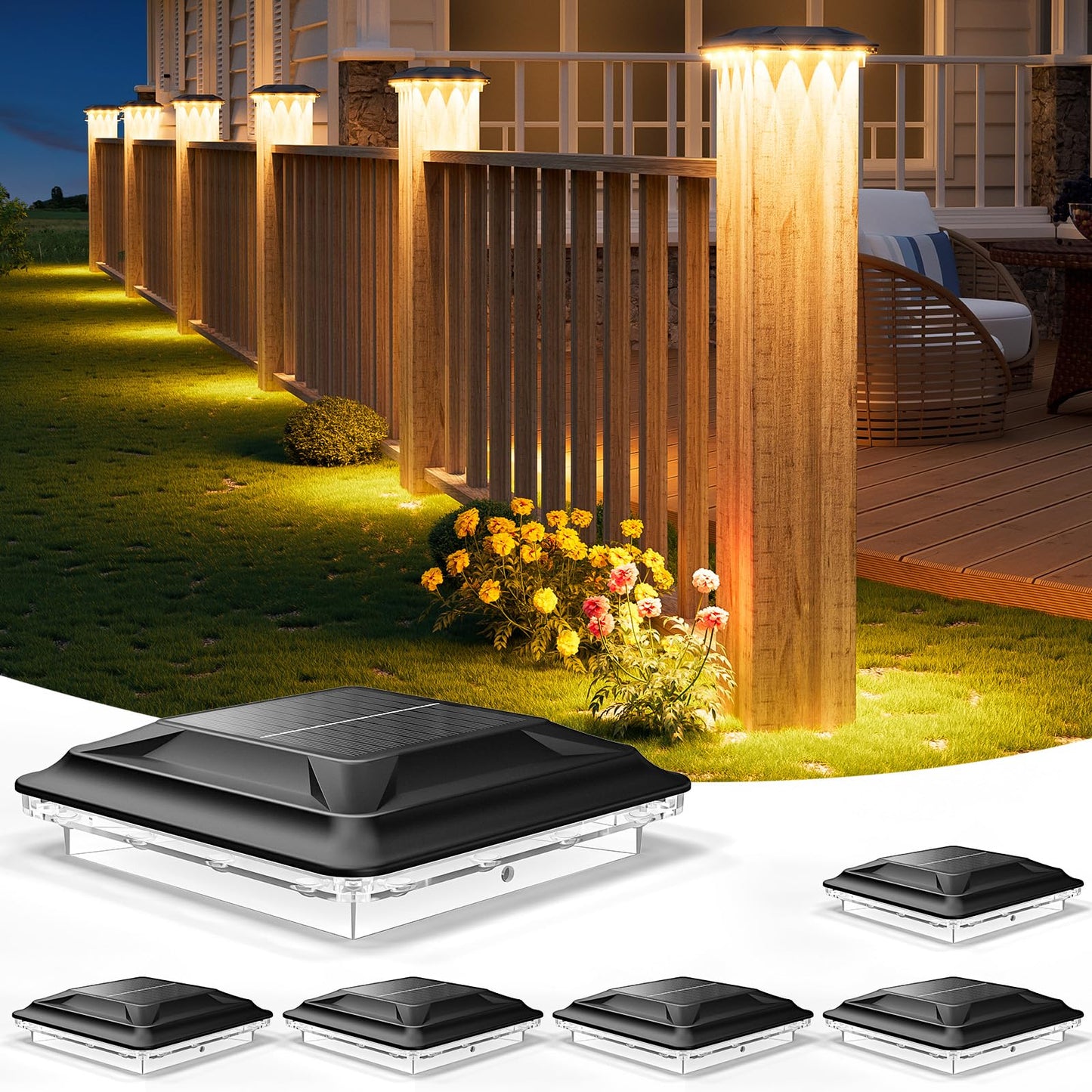 Upgraded Solar Post Cap Lights Outdoor 6pack, 3-in-1 Selectable Color (Warm White/Cool White/Daylight), Waterproof Downward Lighting for 4x4 Wood/Vinyl Fence Posts, Ideal for Deck Yard Stair Railing