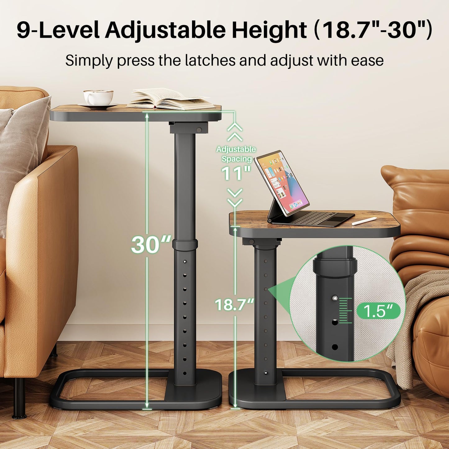 Kitstorack TV Tray Table, Adjustable Height & 90° Flip-Over Panel Design, Sofa Arm End Side Table for Eating Laptop Couch Bed Dinner or Small Spaces (Rustic Brown,Black)