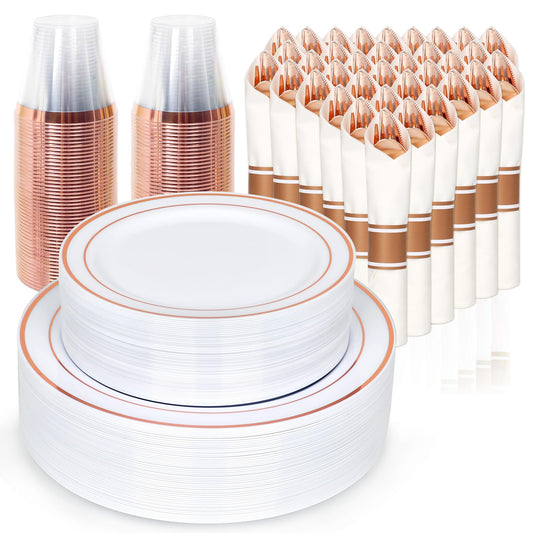 350 Piece Dinnerware Set for Wedding & Party,50 Guest RimPlastic Plates,50 Plastic Silverware,50 Cups,50 Linen Like Napkins (Rose Gold)