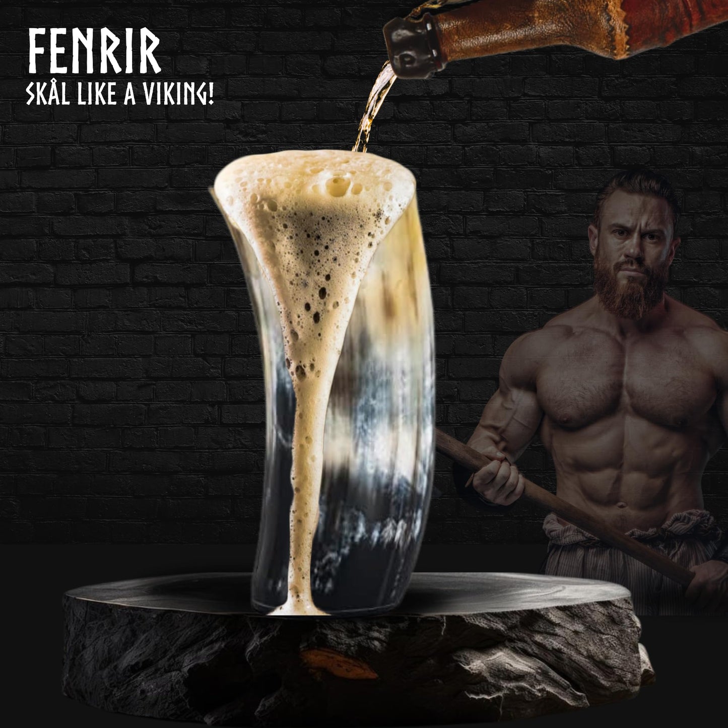 FENRIR Real Horn Beer Glasses with Hammer Opener, Hand Washable Round Beer Glass (Set of 4 Glasses),(6 Inch)