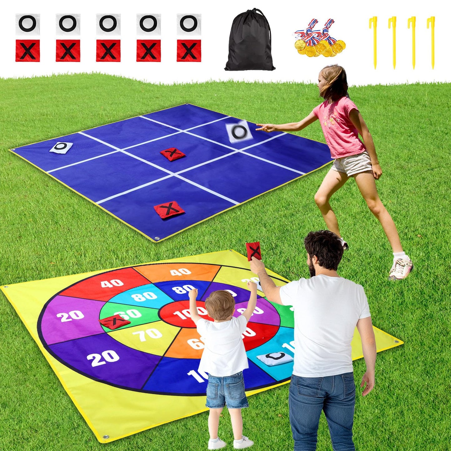 2-in-1 Outdoor Giant Tic Tac Toe Bean Bag Toss Games for Kids Adults 4.5Ft Double-Sided Large Outside Lawn Yard Backyard Carnival Field Day Beach Picnic Camping Birthday Party Family Reunion Lawn Game