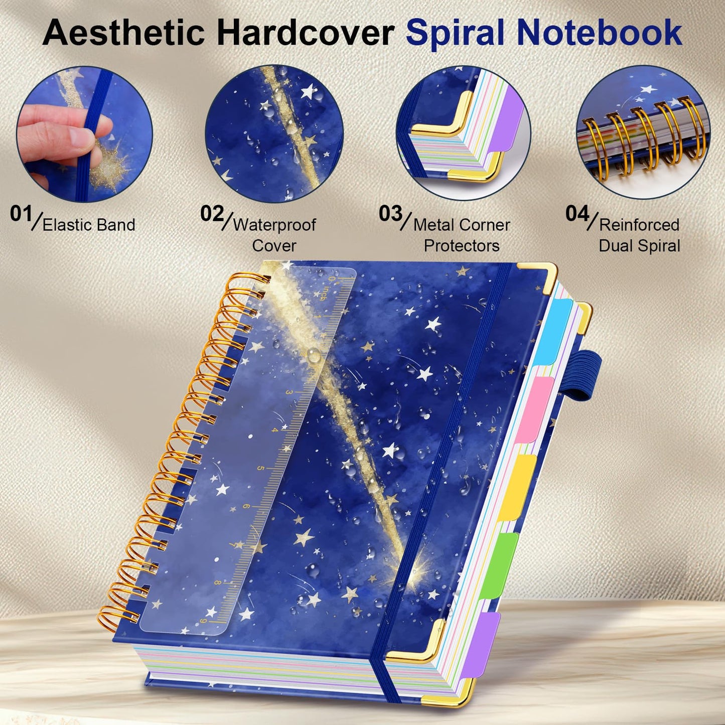 Spiral Journal Notebooks for Work, 300 Pages 5 Subject Notebook College Ruled with Dividers & Tabs, Notebook Journal for Women Students Note-Taking and Organizer (Starlit Meteor, B5(8"x10"))