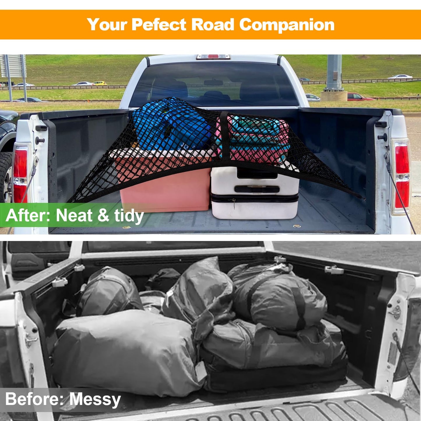 Cargo Net for Pickup Truck Bed, Double-Layer Elastic Cargo Net Stretchable Mesh Organizer for Pickup, Suitable for Daily Light Loads of Trucks, Up to 2X Elastic from 4x4 FT Stretches to 7x7 FT