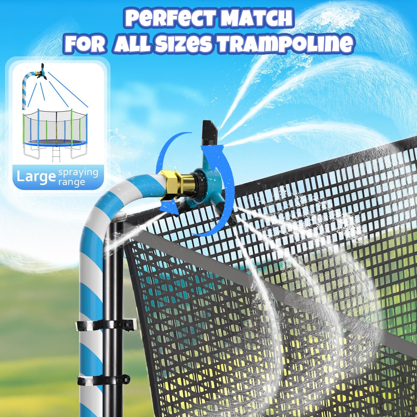 HaiSun Universal Trampoline Sprinkler, Net Friendly Trampoline Accessories, 360°Automatic Rotating Water Sprinkler of Trampolines, Outdoor Backyard Water Park Fun Summer Toys for Kids