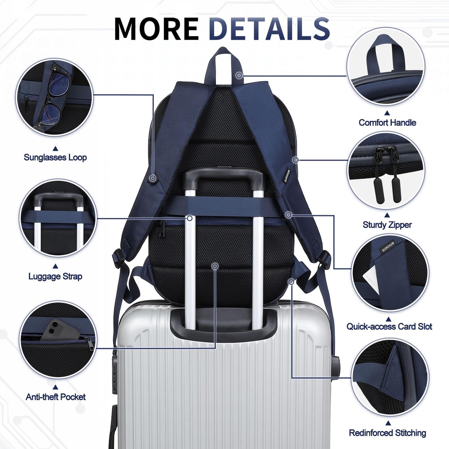 SUIKIHUM 15.6 Inch Laptop Backpack, Expandable with USB Port, Water-Resistant for Work, College and Travel, Blue