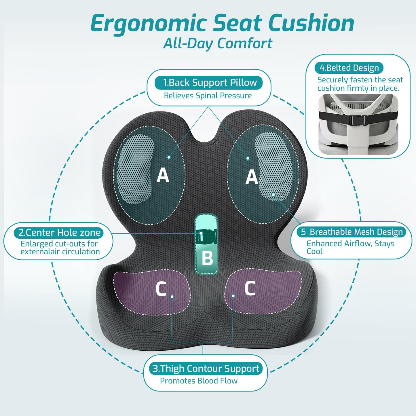 Memory Foam Seat Cushion with Lower Lumbar Support - 3-Inch Car Booster for Shorter Drivers & Ergonomic Orthopedic Cushion Back & Sciatica Pain Relief for Truck RV Office Chair (Black WE)