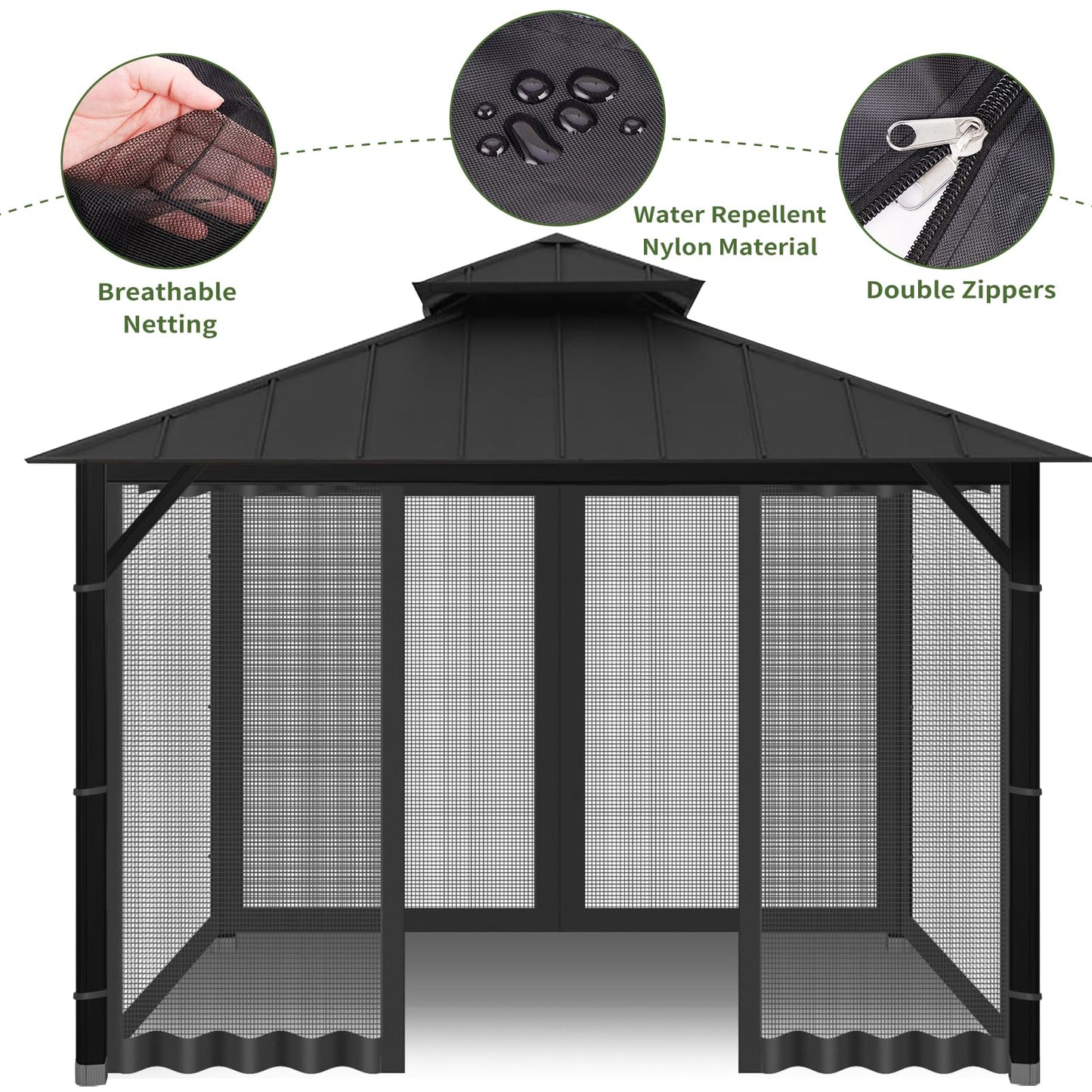 Gazebo Universal Replacement Mosquito Netting, 10' x 12' Outdoor Canopy Net Screen 4-Panel Sidewall Gazebo Curtains, with Zippers, Easy to Install, Fit for Most Gazebos 10x12 Canopy, Patio（Black）