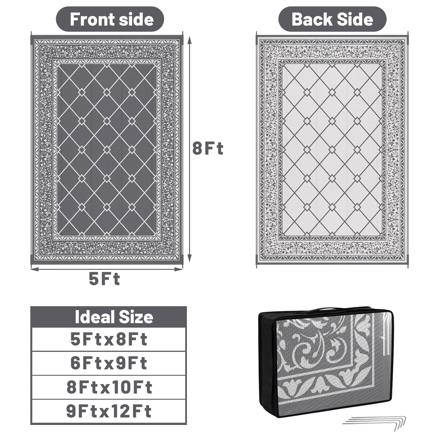 HEBE 5x8 Outdoor Rug Waterproof, Reversible Outdoor Area Rug, Portable Plastic Outside Rug Carpet, Geometric RV Camping Rug Mat for Patio Picnic Backyard Deck Balcony Porch Beach Trailer, Grey