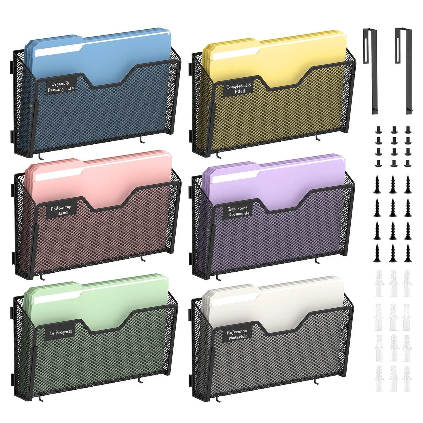 Reeplan 6 Pack Wall File Organizer Metal Mesh Hanging Wall Mounted File Folder for Office, Home and School with Label Panel and 2 Hooks Black