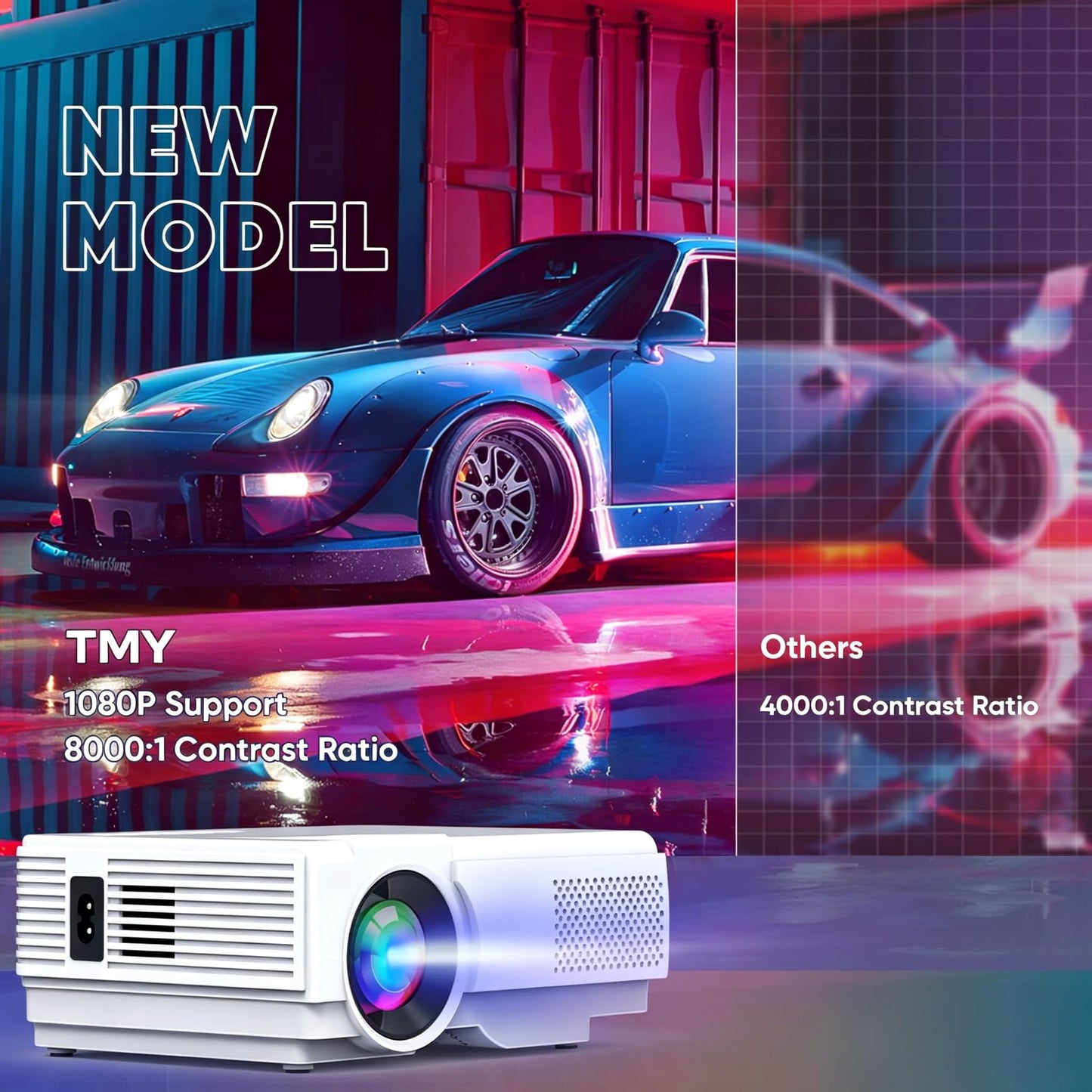 【Two-Way Bluetooth】 TMY 1080P Full HD Portable Mini Projector, Upgraded Movie Projector with Screen, Compatible with TV Stick Smartphone/HDMI/USB, Indoor & Outdoor Use