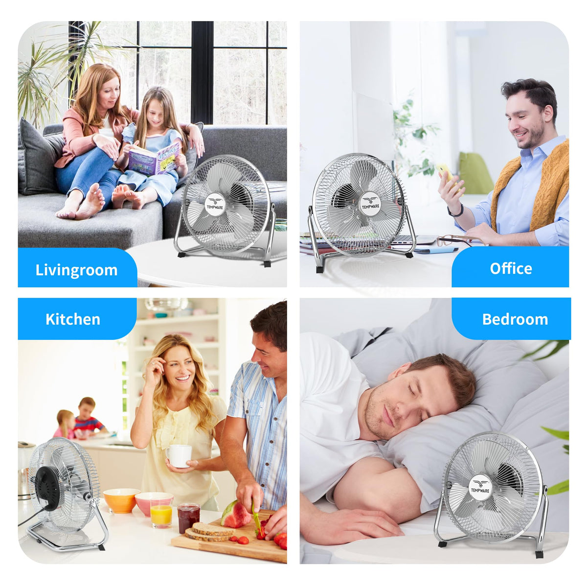TEMPWARE All Metal Floor Fan 9 Inch, 3-Speed Portable Metal Fan with Adjustable Tilt, Quiet Small Cradle Floor Fan for Home, Office, Bedroom