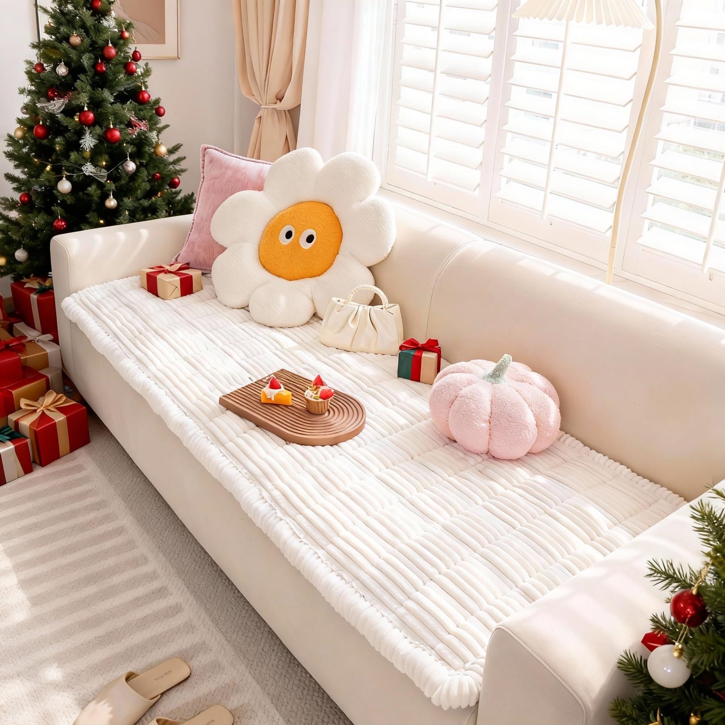 Cshionary Couch Cover for Dogs, Washable Dog Couch Cover for 3-Cushion Sofa - Soft Plush Pet-Friendly Furniture Protector with Non-Slip Backing (White, 210x70cm)