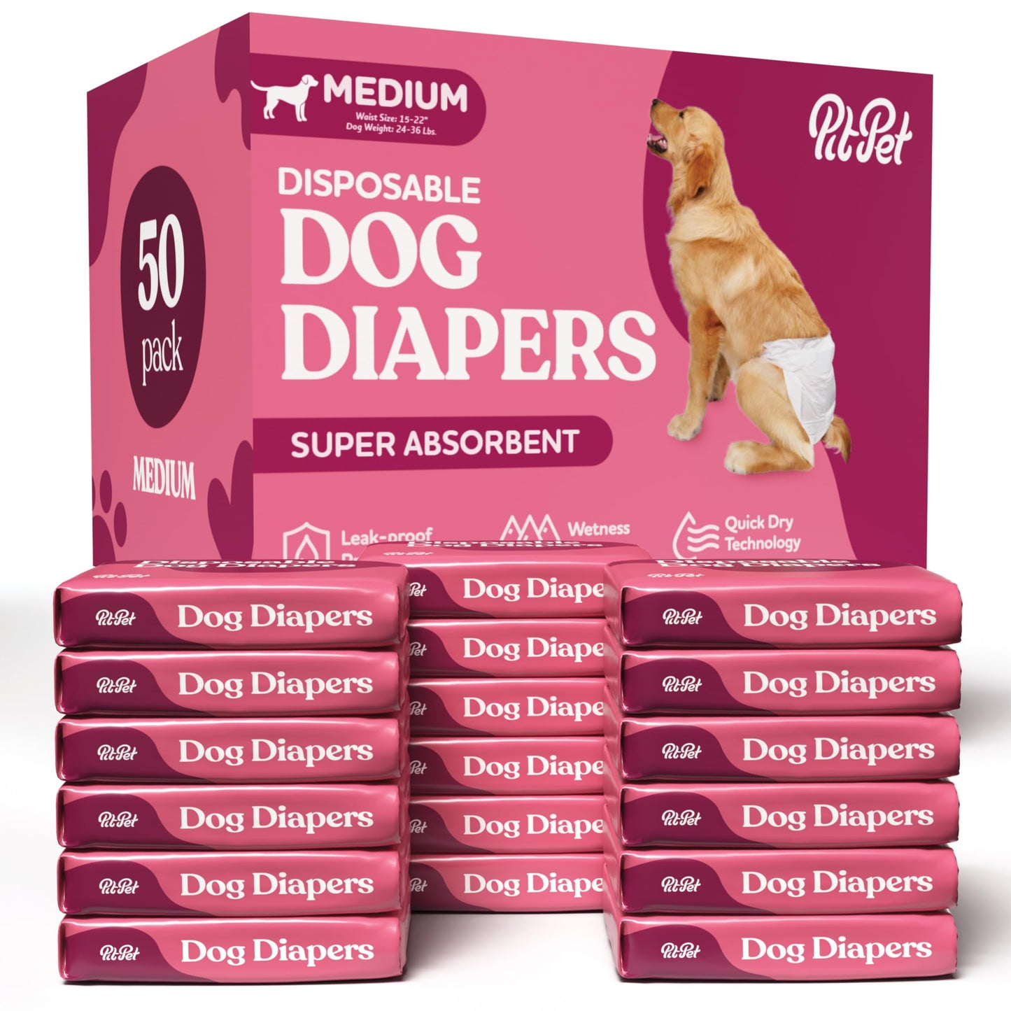Comfortable Female Dog Diapers - 50-Pack Super Absorbent Disposable Doggie Diapers - FlashDry Gel Technology & Wetness Indicator - Leakproof Diapers for Dogs in Heat, Excitable Urination, Incontinence
