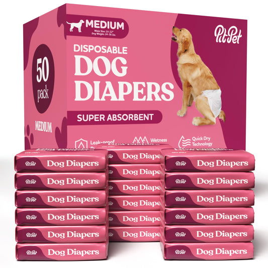 Comfortable Female Dog Diapers - 50-Pack Super Absorbent Disposable Doggie Diapers - FlashDry Gel Technology & Wetness Indicator - Leakproof Diapers for Dogs in Heat, Excitable Urination, Incontinence