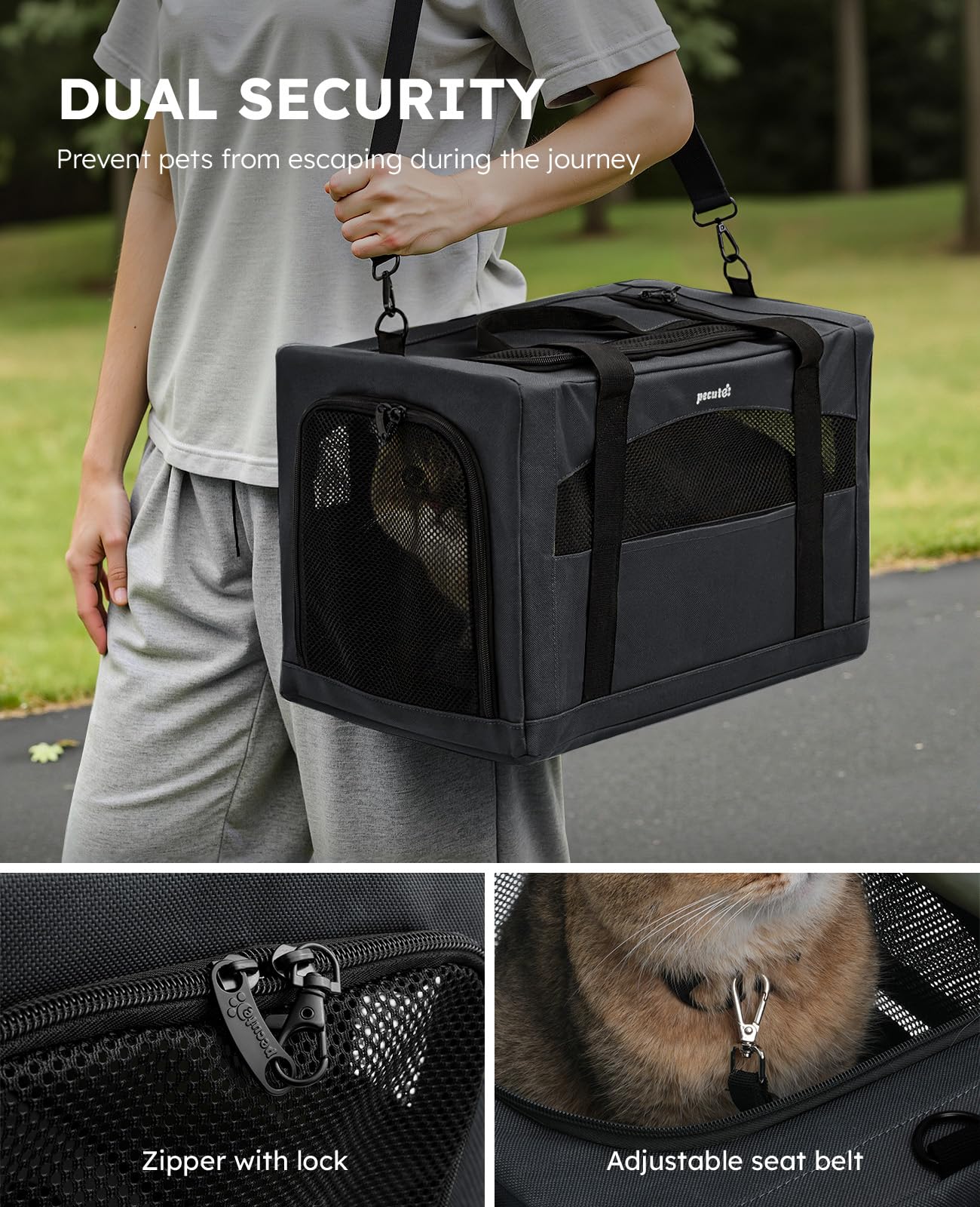 Pecute Cat Carrier Dog Carrier with Stable Structure,Breathable Mesh Fabric Pet Carrier for for Small Cats Dogs Puppies up to 7KG,Soft-Sided Dog Carrier Suitable for Both Long and Short Trips,Black,XL
