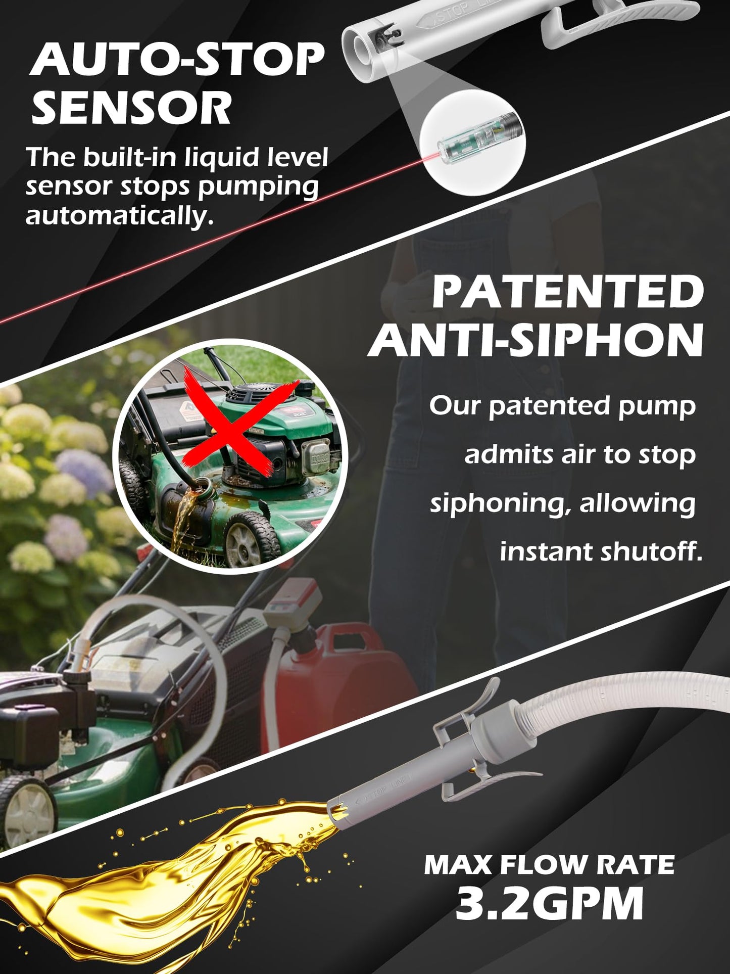 PETASOON Fuel Transfer Pump Battery Powered Electric Portable Gas Jerry Can Tank Pump for Gasoline Diesel kerosene Liquid with Flexible Hose(Can Not Included)