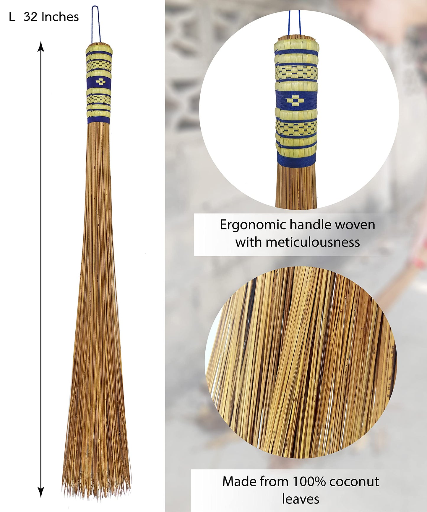 32 inch Multi-Surface Sturdy Outdoor Authentic Coconut Leaf Broom Asian Heavy Duty Broom Thai Natural Coconut Leaf Broom (Country Rustic) (1 Piece)