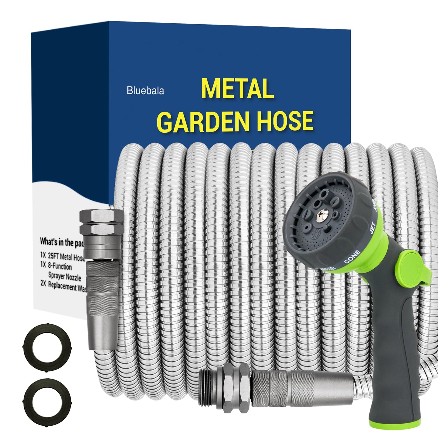 Bluebala Metal Garden Water Hose - Heavy Duty Stainless Steel Water Hose with 8-Mode Spray Nozzle, 3/4" Fittings, Reinforced Connector, Leak Proof, Puncture Resistant, No Kink, Lightweight Hose(25FT)