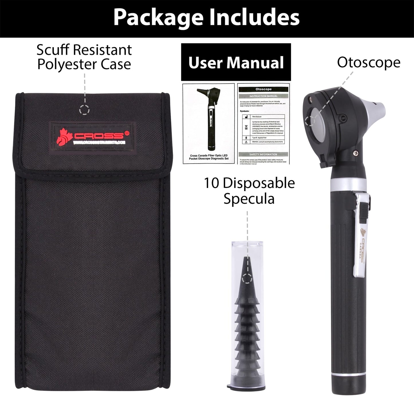 Cross Canada Physician Fiber Optic LED Pocket Otoscope Diagnostic Set for Detection of Ear Infection or an aid in Ear Cleaning-Otoscope for Medical Student Doctor Nurse Baby Adult Pet/Animal (Black)
