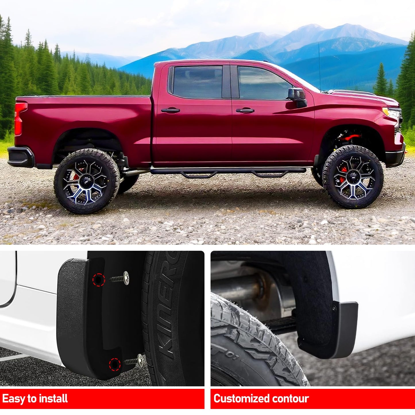 XWQZ Mud Flap Delete Fit for Chevy Silverado 1500 2019-2025 Accessories,Mud Splash Guards Mudflaps Delete Compatible with Chevrolet Silverado Tire Protector Exterior Fender Front Rear Set