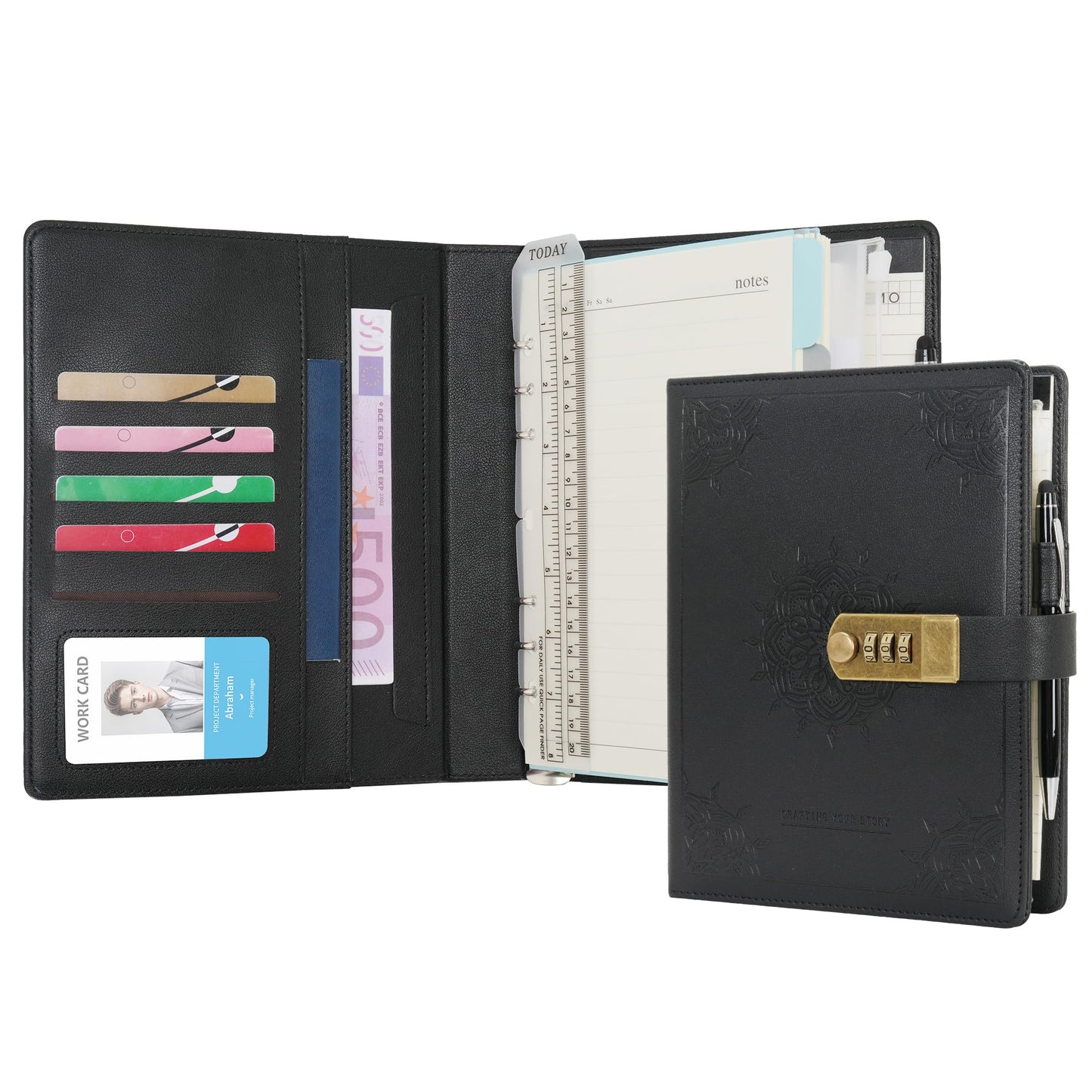 Wason A5 Journal with Lock PU Leather Ring Binder Portfolio, Refillable Writing Diary Notebook Planner and Lined Paper Notepad Pen Clipboard For Organizer Ideal Business School Travel (Black)