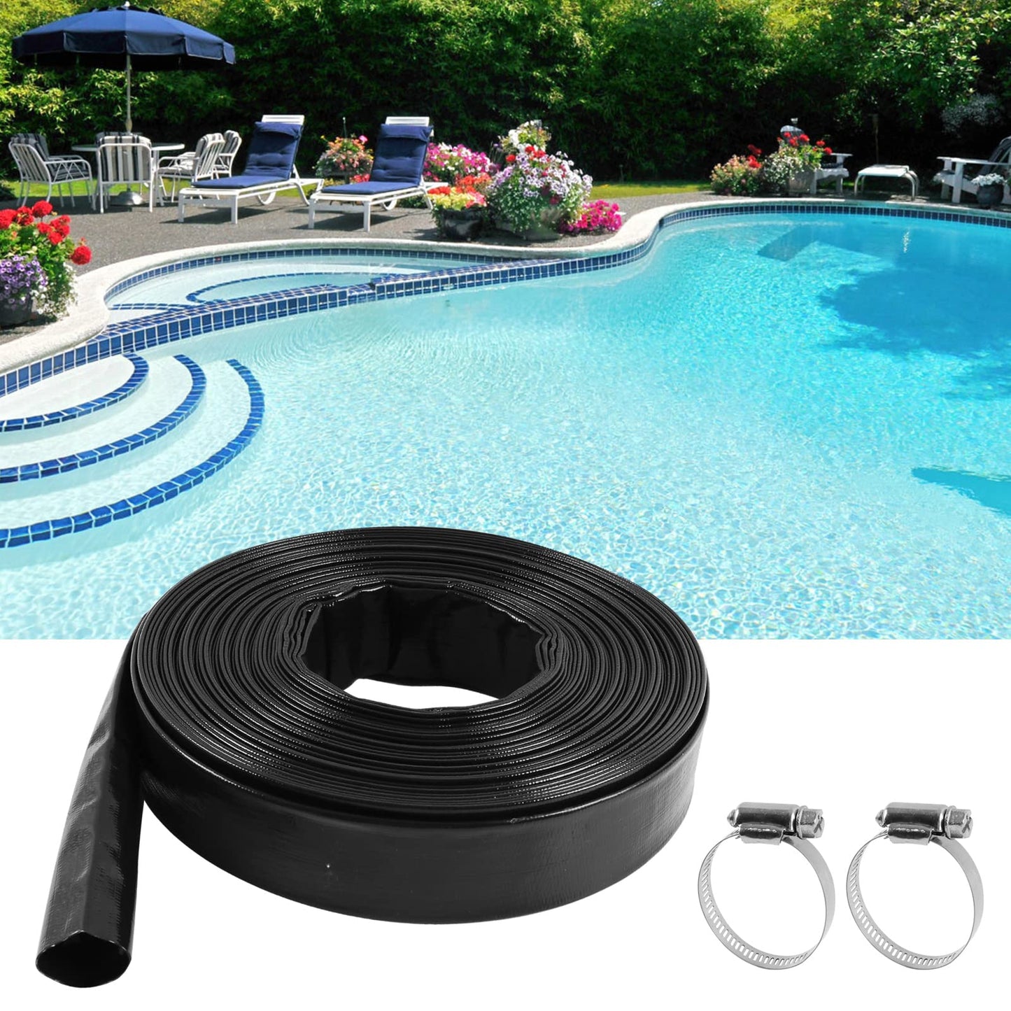 automoris 1-1/2" x 105' Black Sump Pump Hose,Swimming Pool Backwash Hose with 2 Clamp,Weather Resistant General Purpose Reinforced PVC Lay Flat Pool Drain Water Discharge Hose