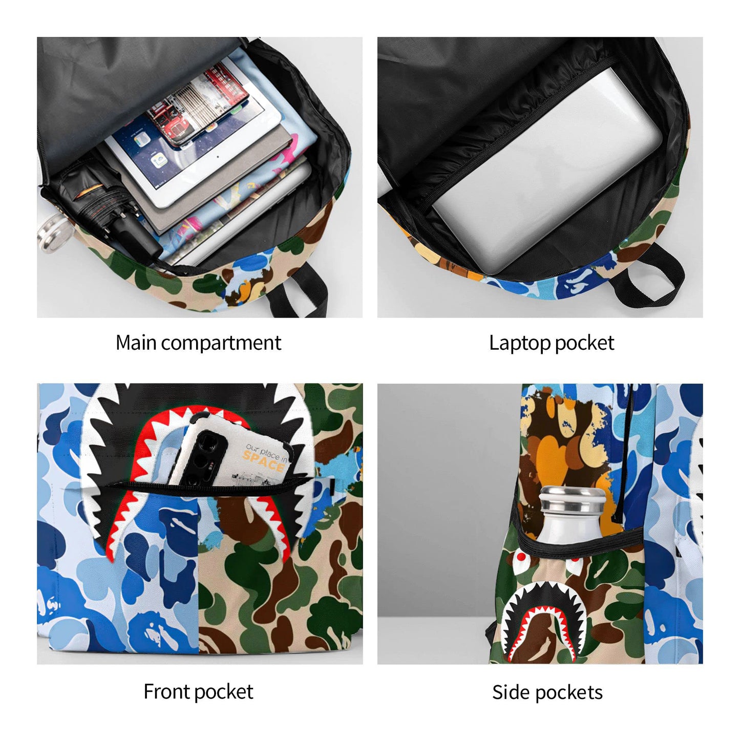 Vkaxopt Backpack Shark Teeth Camo Backpacks Travel Laptop Daypack Big Capacity Bookbag Fashion Durable for Men and Women, Blue Shark Camo, One Size, Fashion