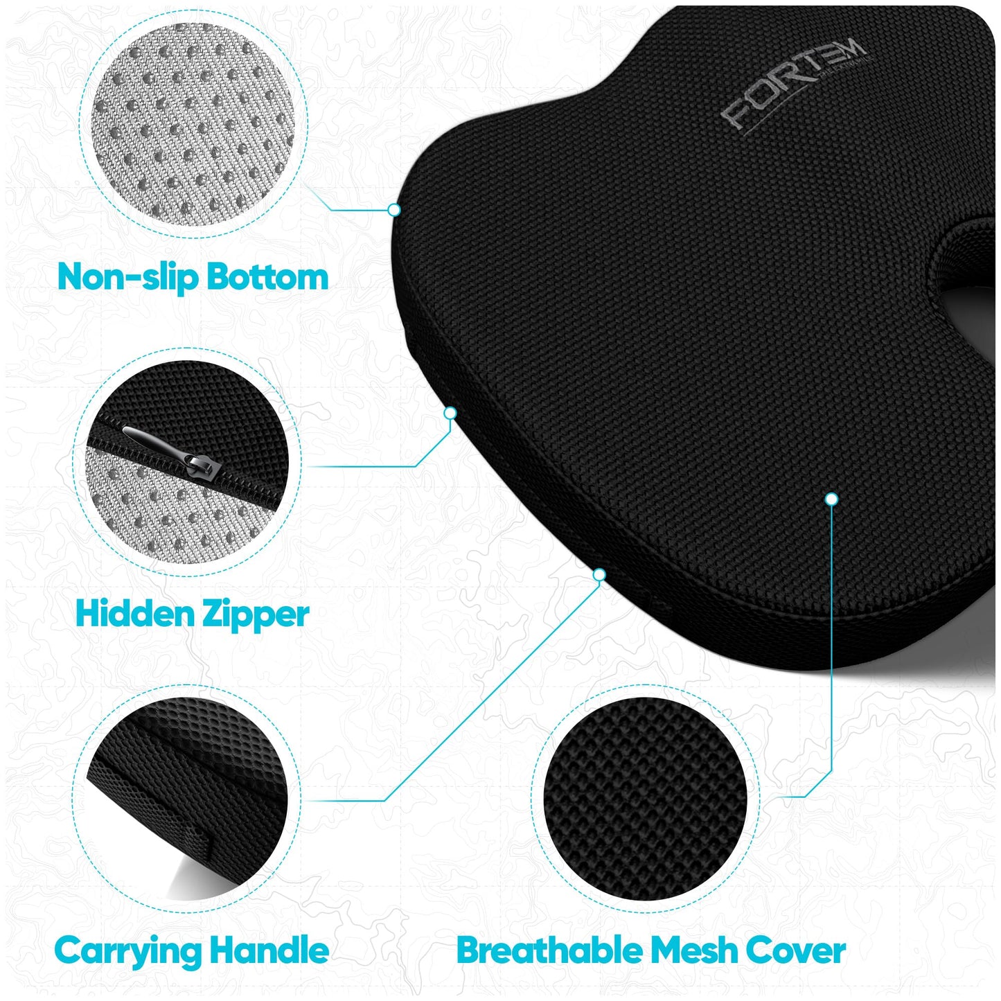 FORTEM Chair Cushion, Seat Cushion for Office Chair, Lumbar Support Pillow for Chair, Car Seat Cushion, Back Support Memory Foam Pillow Washable Cover (Black, Mesh)