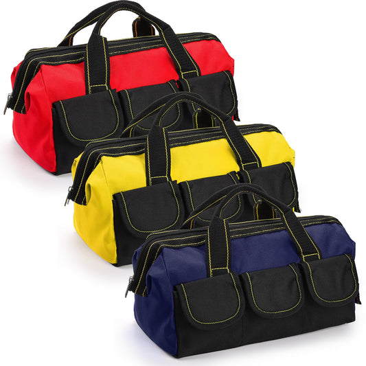Mezchi 3 Pack 12 Inch Tool Bag, Wide Mouth Tool Tote Bag with Waterproof Base, Heavy Duty Tool Storage Bag Organizer for Various Tools, 5 Pockets, Blue, Yellow, Red