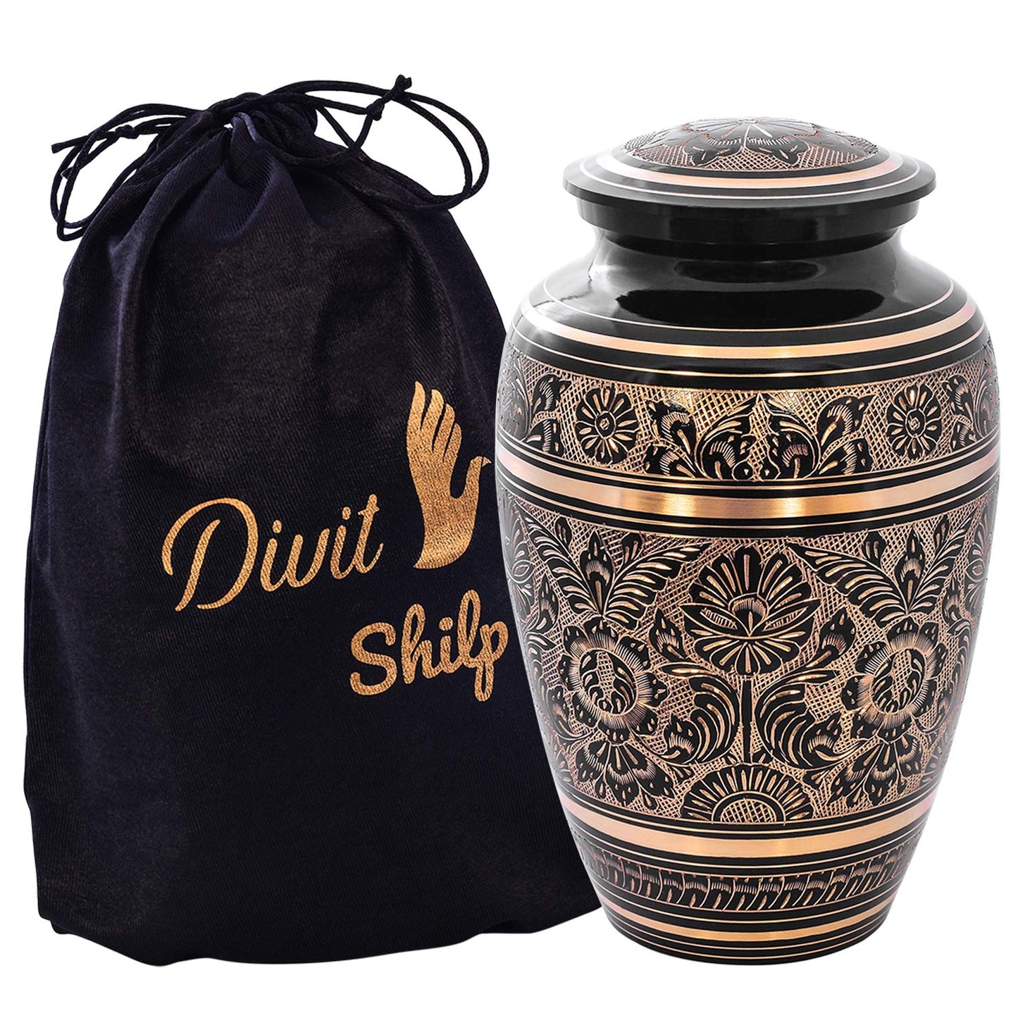 Cremation Urn for Human Ashes with Velvet Bag, for Adults up to 200 lbs | Funeral Burial Urns by Divit Shilp (Black and Gold, Adult)