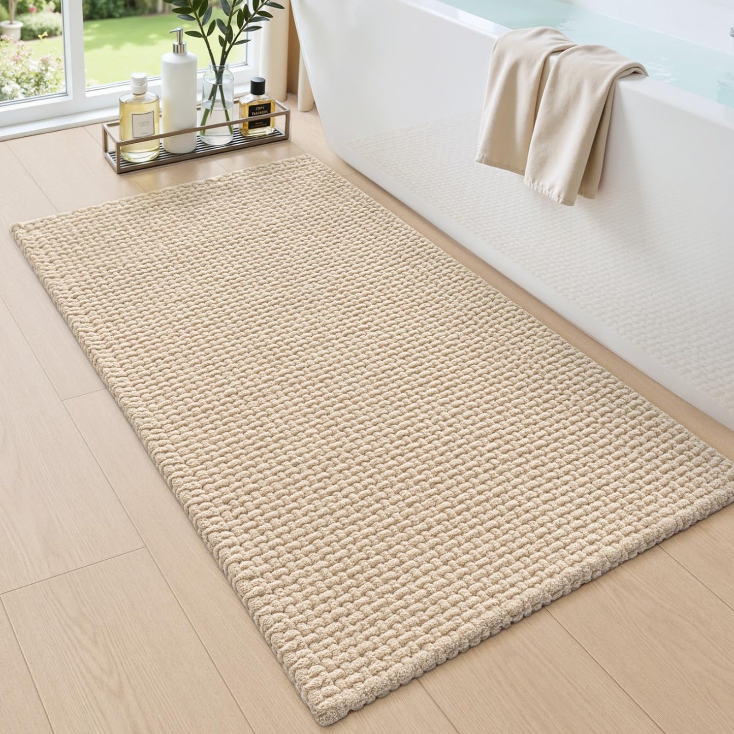DEXI Bath Mat 24x36 Soft Absorbent Chenille Rug for Bathroom, Non Slip Washable Bathmat Shower Floor Carpet for Tub, Sink, Beige