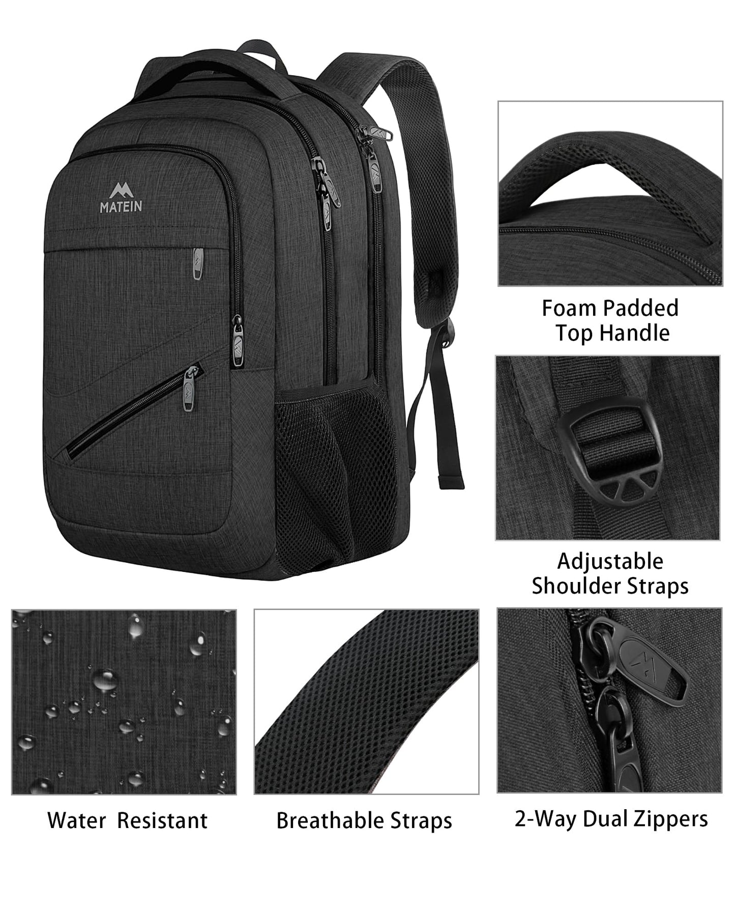 MATEIN Extra Large Business Travel Anti Theft Laptop Backpack, 18 Inch TSA Airline Approved Carryon Backpack for Women Men, Work Bag with Luggage Strap, Black