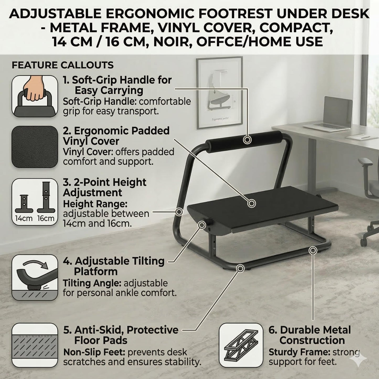 Livearty Adjustable Ergonomic Footrest Under Desk - Metal Frame, Vinyl Cover, Compact, 14 cm / 16 cm, Noir, Office/Home Use