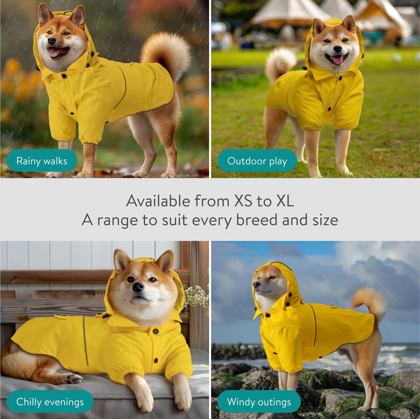 Navaris Hooded Dog Rain Jacket - Dog Raincoat Waterproof - Water-Resistant Rain Coat with Removable Hood - Raincoats with Sizes for Small Medium & Large Dogs - M Yellow