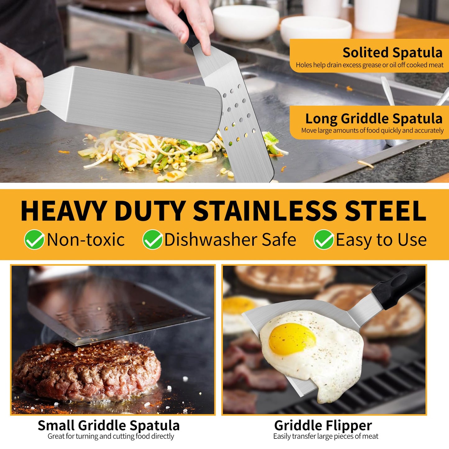 Onlyflame 29PCS Professional BBQ Griddle Tool Kit for Flat Top Grill Blackstone and Camp Chef - Stainless Steel Griddle Spatulas Accessories Kit with Burger Press, Carry Bag and More Tools