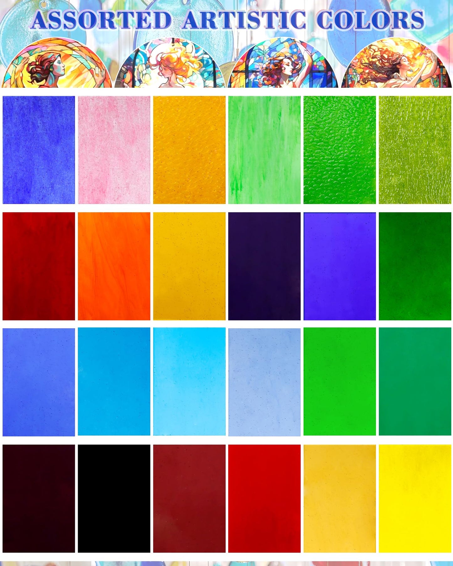 FIVEIZERO 24 Sheets Rainbow Transparent Stained Glass Sheets 4x6 Inch – Mixed Color Stained Glass Supplies for Suncatchers, Mosaic Glass Crafts, Fused Glass Supplies, Window Art & DIY Projects